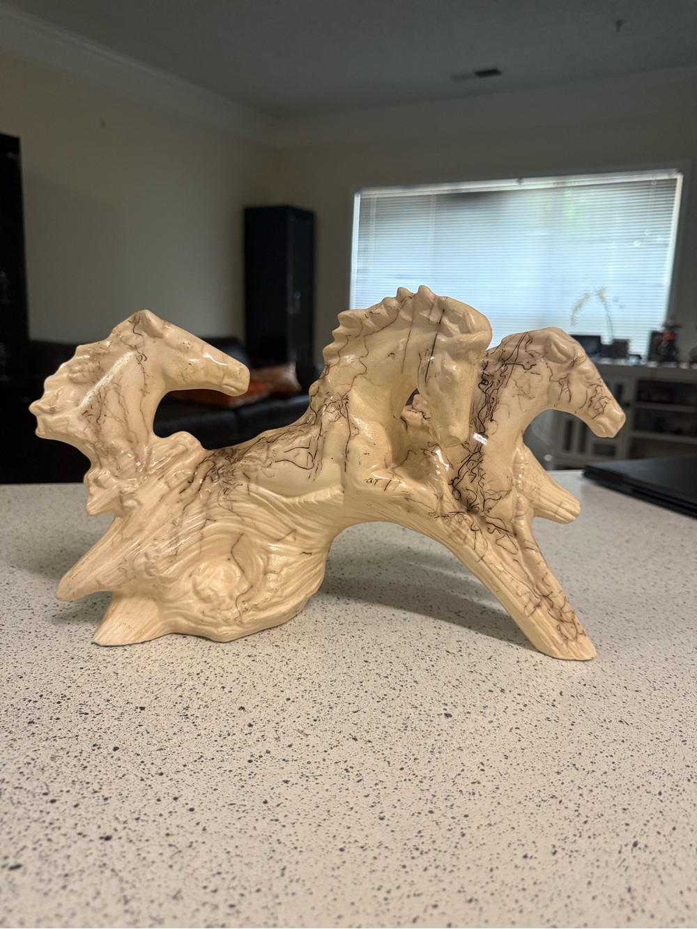Rare Vintage Horse Hair Pottery Sculpture Of 3 Horses Running Signed 8x12